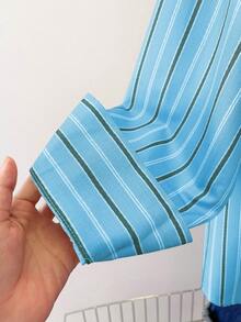 INAWLY Áo sơ mi dài tay kẻ sọc kiểu dáng thường ngày dành cho nữ. - Màu xanh lam - Xem 5