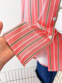 INAWLY Áo sơ mi nữ dài tay kẻ sọc, cài một hàng khuy, kiểu dáng thường ngày. - trái cam - Xem 7