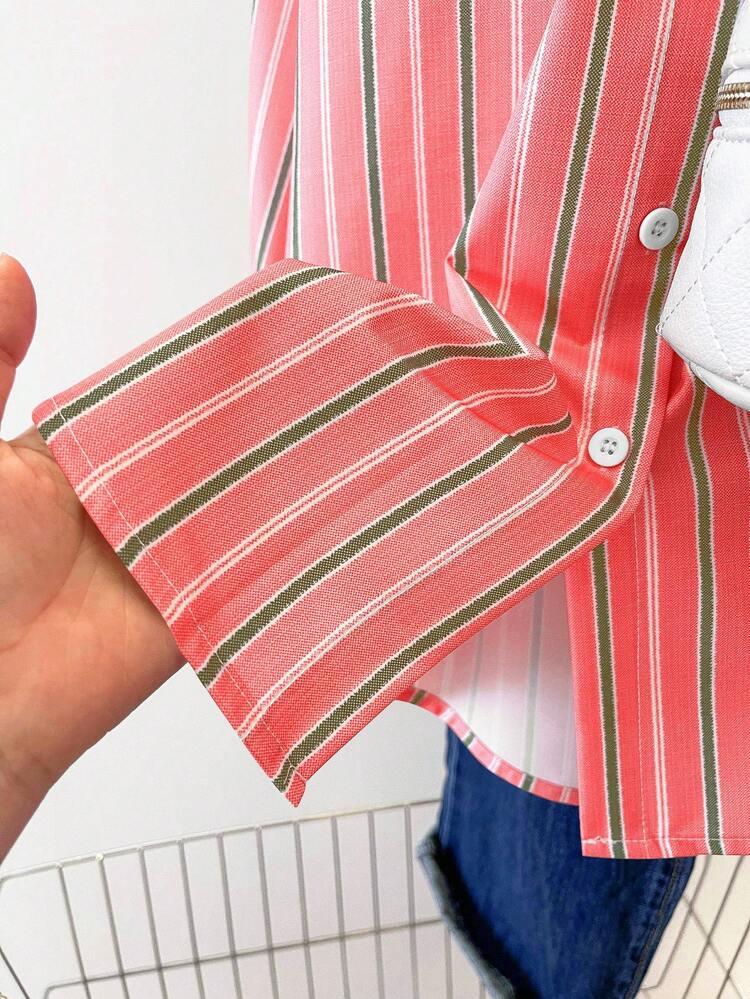 INAWLY 女士条纹长袖单排扣休闲衬衫 - 橘色 - 查看 7
