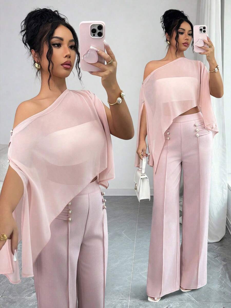 SHEIN Elenzya Bộ đồ nữ mùa hè màu trơn, áo crop top tay ngắn xẻ tà không đối xứng với quần ống loe thắt eo, trang phục công sở thời trang, trang phục đi nghỉ/hẹn hò, ngày Quốc khánh, trang phục giáo viên. - Hồng - Xem 1