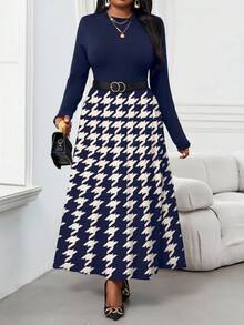 SHEIN Lady Đầm dài tay cổ tròn phối họa tiết kẻ caro dành cho nữ cỡ lớn, kiểu dáng thanh lịch. - Màu xanh hải quân - Xem 9