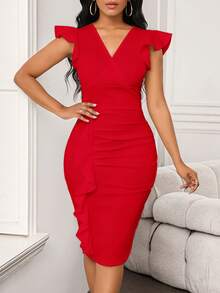 SHEIN Lady 圣诞派对礼服办公室连衣裙女士时尚优雅设计圆领不对称二合一白色连衣裙 - 紅色 - 查看 1