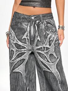 ROMWE Grunge Punk Quần jeans ống đứng nữ phong cách retro đường phố punk họa tiết cánh gai - màu đen - Xem 6