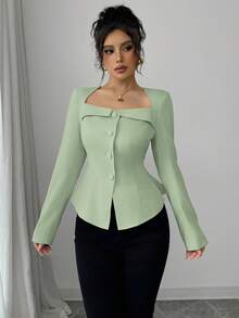Selianne Women's Elegant Sage Green Long Sleeve Blouse,Autumn Office Work Blouses,Trapezoid Square Collar Front Button Waistline Decor A-Line Business Tops - Mint Green - View 3