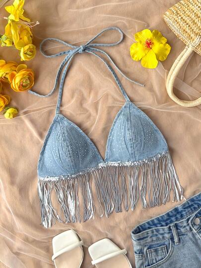 Soleia Women's Solid Color Fringe Hem Halter Backless Sexy Denim Blouse