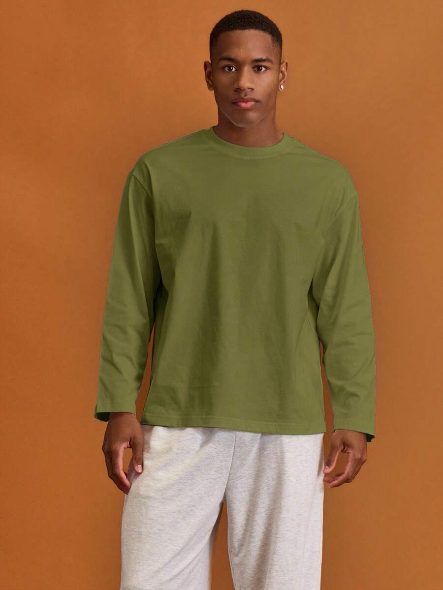 Musero Men Oversized Crewneck Long Sleeve Basic Plain T-Shirt Capsule Wardrobe Layering Spring&Summer - Green - View 1