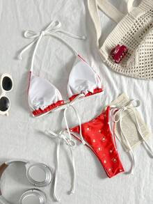 Swim Mod 甜美碎花系带女士比基尼泳衣 - 紅色 - 查看 2