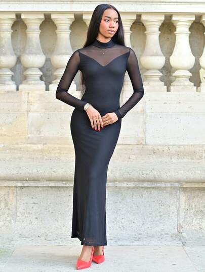 Mima John Đầm ôm body tay dài cổ cao lưới gợi cảm màu đen dành cho nữ