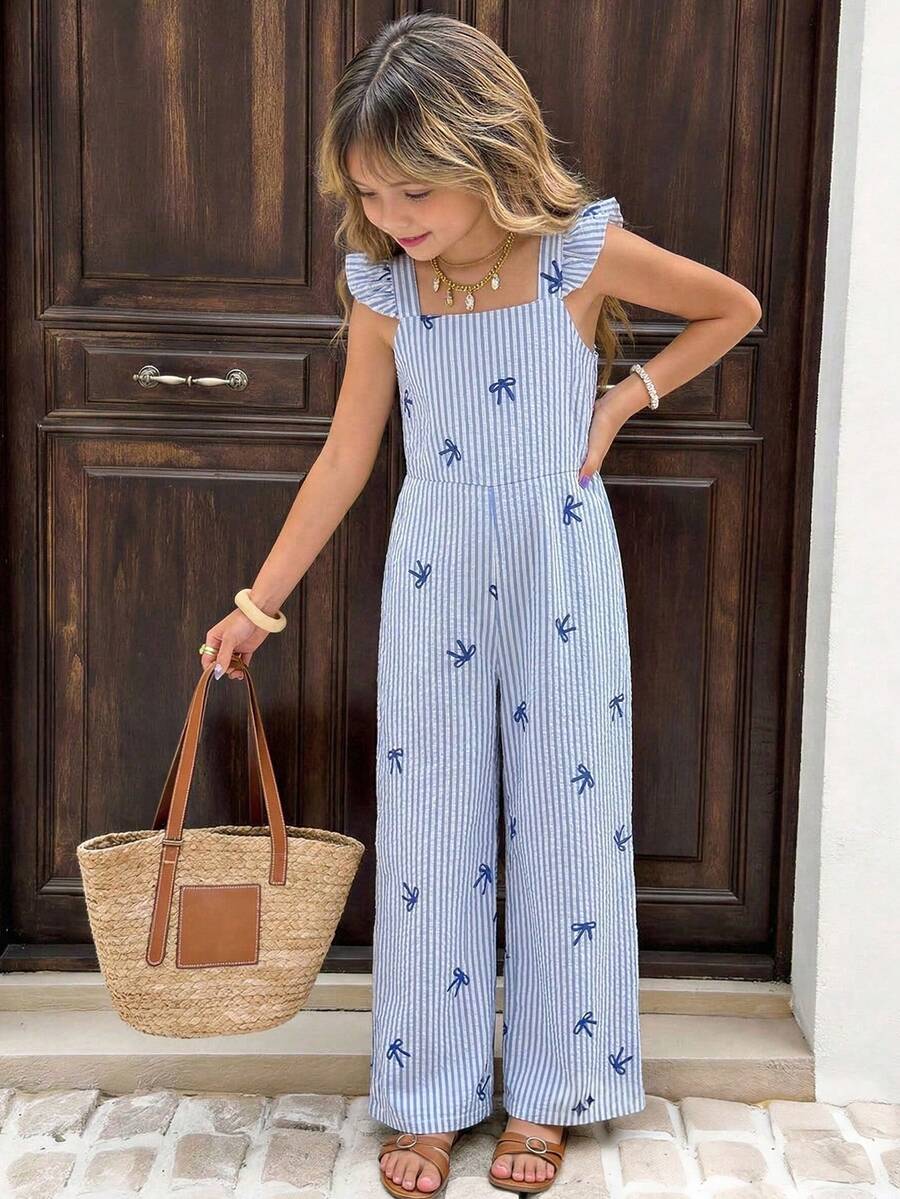 SHEIN Girls' Textured Vertical Striped Bow Print Jumpsuit With Ruffle Hem Design, Casual & Cute For Girls, Spring/Summer - Blue - View 1