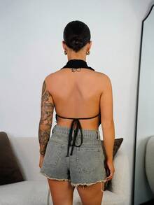 SAYEHFBABY Top de tirantes sin espalda con cuello profundamente drapeado para mujer - Negro - Ver 2