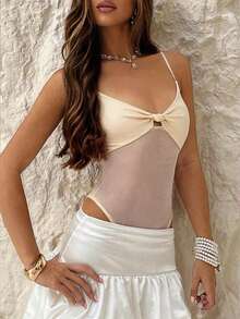 TRNVIE 一件酒红色秋冬圣诞新年派对情人节露背网纱扭结针织连体衣，休闲街头风时尚浪漫女装 - 杏色 - 查看 3