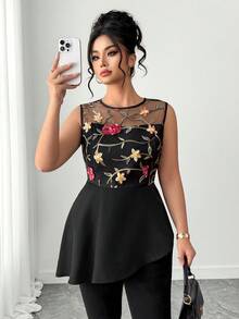 Elenzga Plus Size Women Mesh Embroidered Tank Top, French Vintage Dark Rose, Sleeveless Mesh Embroidered Top, Black Base Red Rose Embroidered Sleeveless , Waist Cinching Mesh Patchwork Slim Fit Tank Top, Suitable For Valentine's Day Date, Small Gatherings, Afternoon Tea Designer Top Women Mesh Top Women Embroidered Top Women Peplum Top - Black - View 3