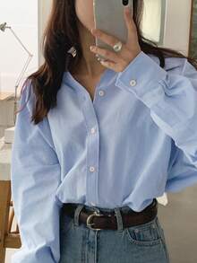 Dazy Tall 高个女款宽松翻领长袖休闲衬衫（夏季款） - 藍色 - 查看 4