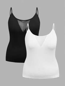 SHEIN EZwear 大码纯色吊带极简设计网眼拼接夏季百搭吊带衫 - 黑與白 - 查看 2