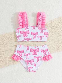 SHEIN Bộ bikini in hình bướm cho bé gái, áo vest dệt kim ngọt ngào và dễ thương với dây đeo có thể điều chỉnh và quần tam giác viền bèo nhún, thích hợp cho kỳ nghỉ hè ở bãi biển, hồ bơi, tiệc tùng. - Hồng - Xem 5