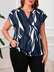 SHEIN Clasi Plus Size Women Geometric Print Short Sleeve Shirt - Navy Blue - View 3