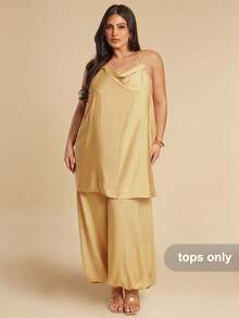 SHEIN BAE Plus Size Mustard Yellow Gold Satin Plunge Neck Backless Elegant Halter Top For Women, Summer, Wedding Guest Attire, Holiday Beach Wear, Curve Top - Orange - View 7