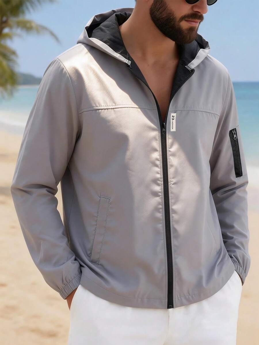 Manfinity Homme 男士休闲连帽长袖夹克外套，百搭款式 - 淺灰色 - 查看 1