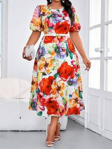 SHEIN Lady 大码女式印花圆领短袖褶皱设计优雅连衣裙玫瑰连衣裙花卉婚礼宾客连衣裙花园派对连衣裙肯塔基德比连衣裙花卉连衣裙红色女式连衣裙粉色连衣裙春季连衣裙沙滩连衣裙情人节女式印花连衣裙花卉长裙春季女装 - 彩色 - 查看 3