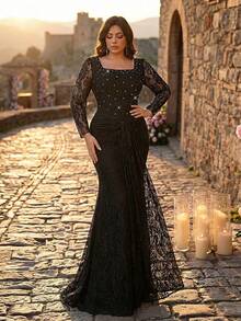 Aureia Plus Size Elegant Romantic Black Square Neck Sheer Long Sleeve Luxury Pearl & Rhinestone Waist Twist Ruffle Mermaid Hem Dress, Suitable For Wedding, Party, Formal Events, Gala (Heavily Embellished Design) - Black - View 3