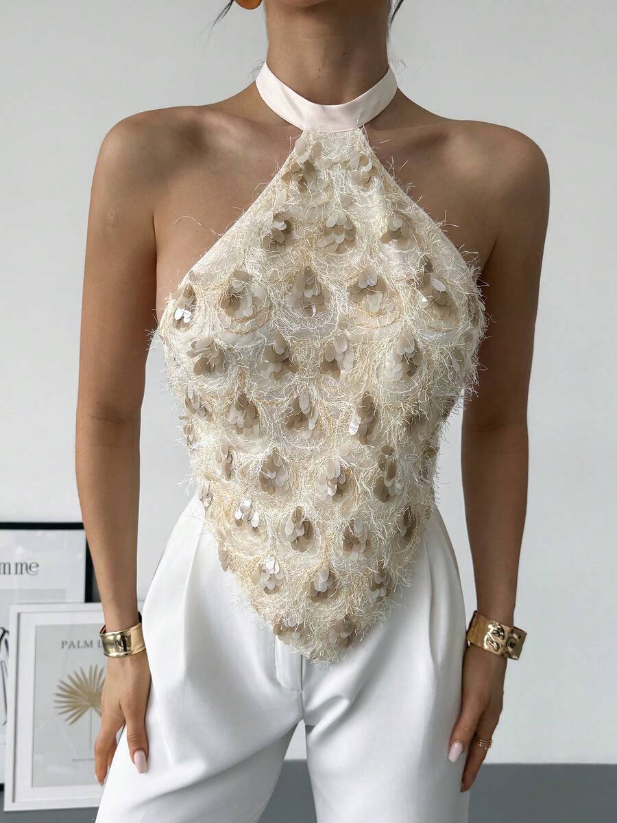 Rafferiza 女士新款性感露背亮片吊带背心，女士派对吊带背心，圣诞派对，优雅新年夜装扮，闪亮亮片上衣 - 杏色 - 查看 1