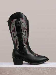 Styleloop Women's Mid-Calf Boots, Black, Bohemian Style, Retro American, Boho, Western Boots, Coachella Music Festival, Party Outfit - black and white color matching - View 1