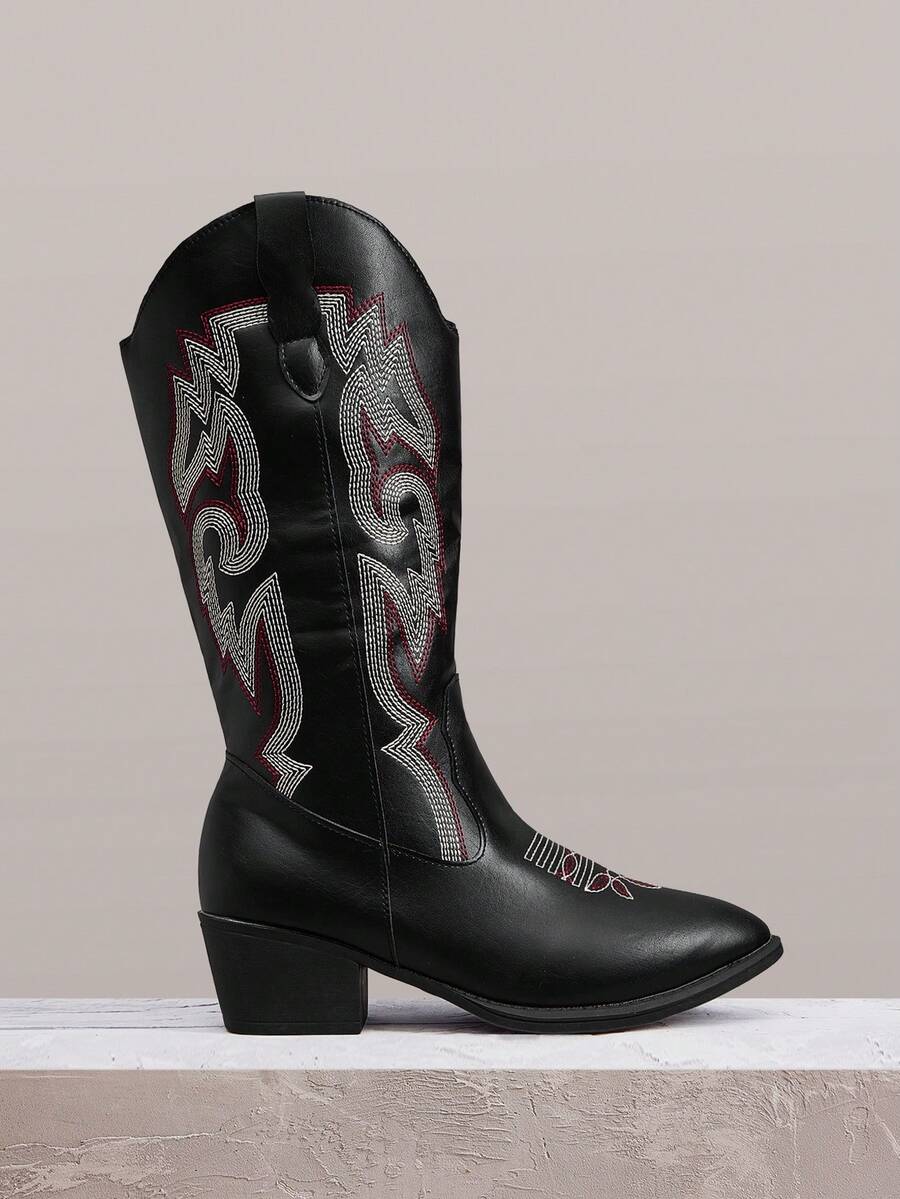 Styleloop Women's Mid-Calf Boots, Black, Bohemian Style, Retro American, Boho, Western Boots, Coachella Music Festival, Party Outfit - black and white color matching - View 1