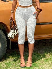 SHEIN EZwear 杏色纹理针织女式七分裤 - 白色 - 查看 5