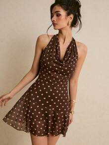 Poéselle Đầm ngắn cổ xếp ly in chấm bi dành cho nữ - màu nâu - Xem 3