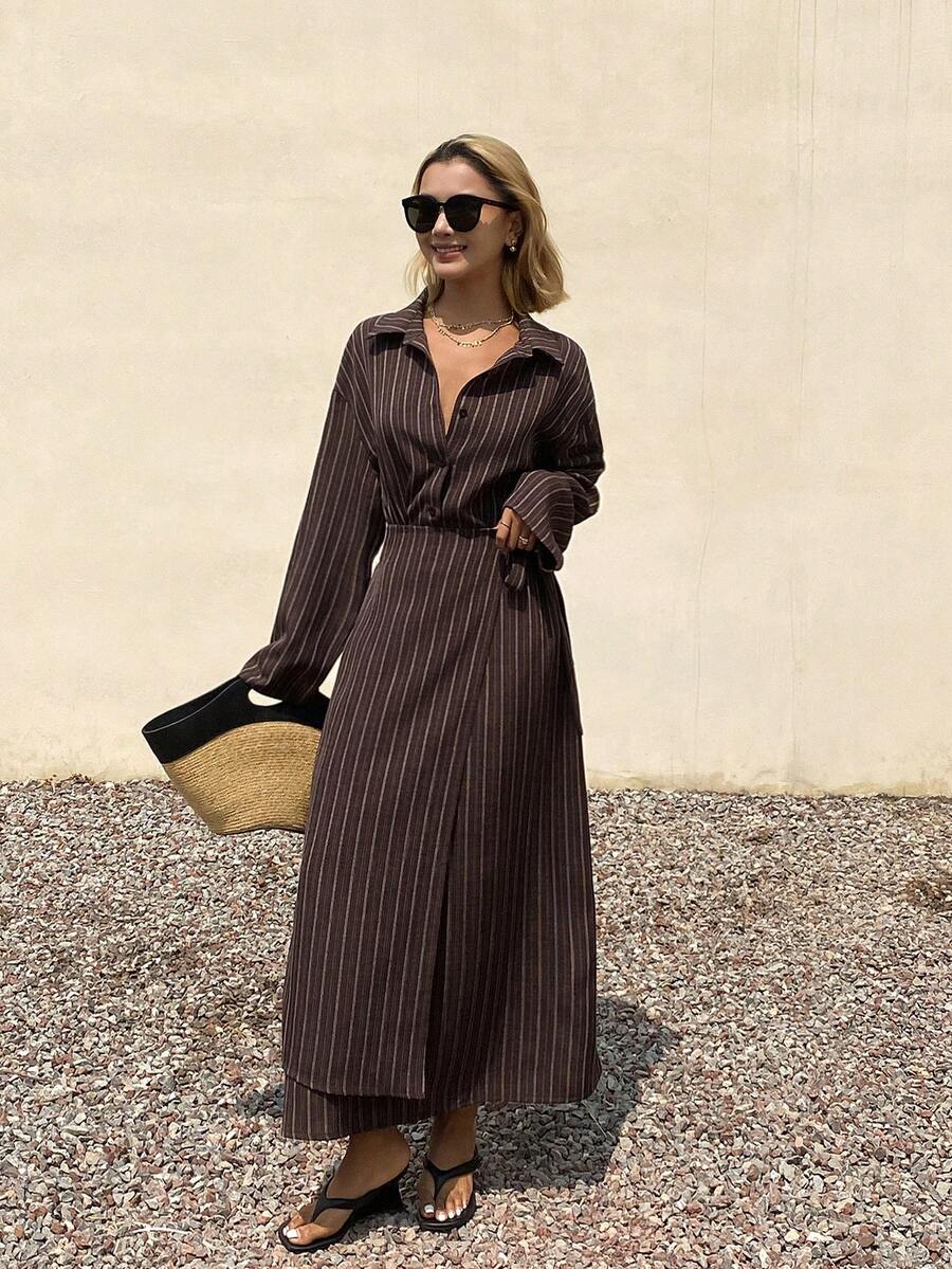 Spring & Summer Loose Business Casual Vacation Style Fashion Office Wear Street Textured Striped 2 In 1 Waist Tie Wrap Design Long Shirt Dress For Women - Brown - View 1