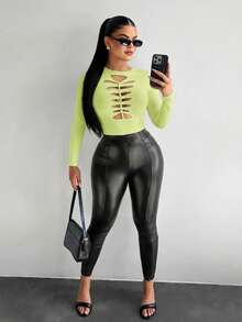 SHEIN SXY 女士荧光绿修身性感镂空长袖T恤 - 綠色 - 查看 4