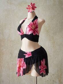 SHEIN ICON 大码女装 Y2K 度假风外出印花露脐吊带上衣和低腰印花迷你裙套装，夏威夷伊比沙岛穿搭 - 黑色 - 查看 10