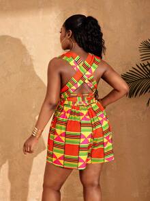 Lunelith SHEIN Lunessa Mono corto sin mangas con cuello en V profundo y estampado retro colorido de uso múltiple, conjunto de ropa de verano para mujer - Multicolor - Ver 3