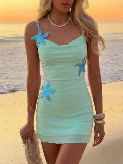 Aloruh Vestido mini ajustado sin tirantes con diseño de estrella de mar para vacaciones en la playa