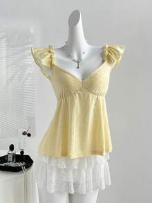 Elamini 优雅甜美的法式露背浪漫蕾丝收腰V领喇叭袖休闲通勤百搭女式衬衫 - 黃色 - 查看 7