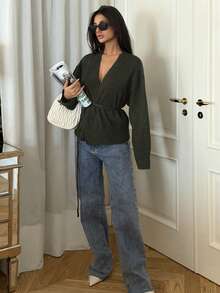 Ronhire 落肩系带开衫，长袖上衣，复古风格商务休闲女士工作服 - 綠色 - 查看 6