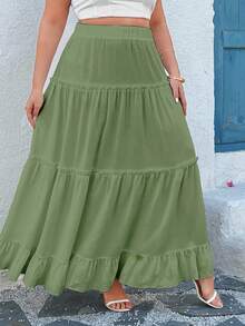 Vionelle 大码女式优雅度假荷叶边纯色A字裙 - 薄荷綠 - 查看 3