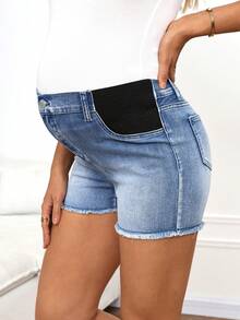 SHEIN 孕妇蓝色牛仔弹力紧身短裤 - 藍色 - 查看 1