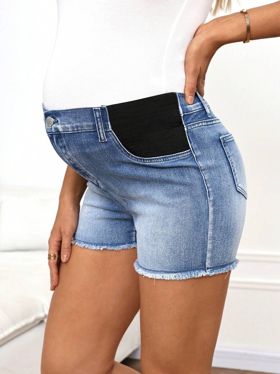 SHEIN 孕妇蓝色牛仔弹力紧身短裤 - 藍色 - 查看 1