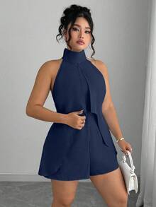 Elenzga Plus Size Women Solid Color Casual Elegant Halter Romper Cocktail Navy Blue Summer - Navy Blue - View 3
