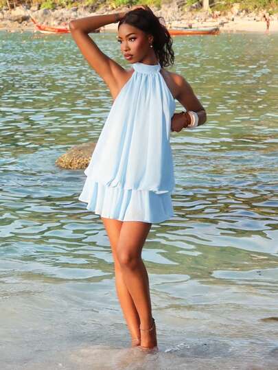 Mima John 女士优雅浅蓝色挂脖系带迷你连衣裙