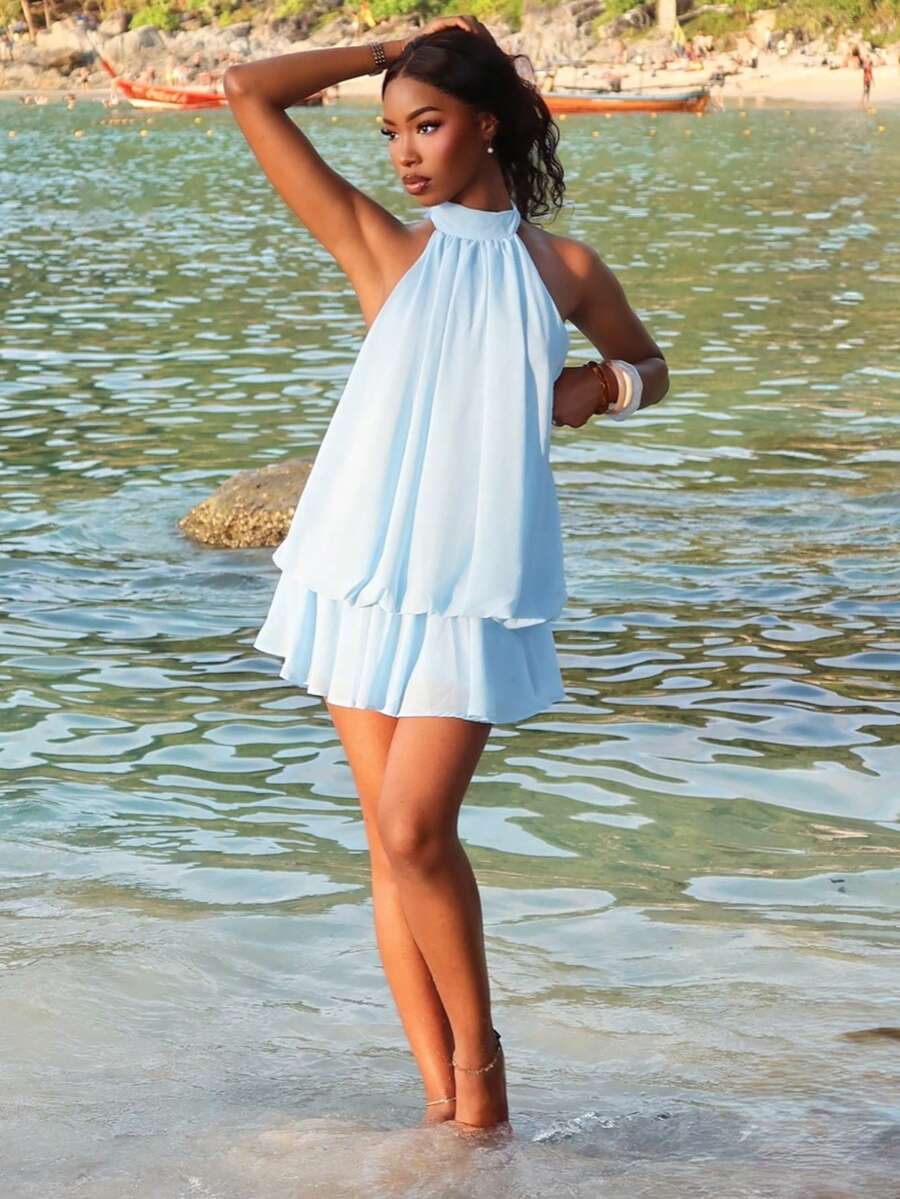 Mima John Women's Elegant Light Blue Halter Tie Mini Dress,Elegant Dresses For Women,Women Dating Dress,Women Night Out Dress,Summer Dresses For Women, Honeymoon Outfits Woman .Women Wedding Guest Dress. Island Vacation Outfits,Wedding Guest Dress Women ,Sun Dresses For Women ,Elegant Dresses For Party, Birthday Dresses For Women