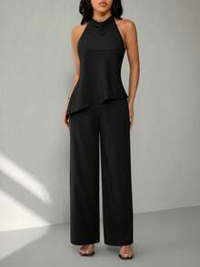 SHEIN PETITE Women's Solid Color Halter Backless Asymmetrical Top & Long Pants 2 Pieces Set,Work Outfits For Women - Black - View 5