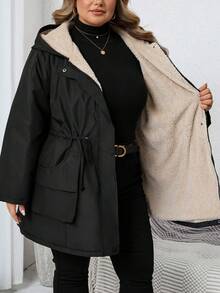 Enliva 大码女式防水长袖抓绒外套，秋冬季，适合苹果型圆臀身材 - 黑色 - 查看 10