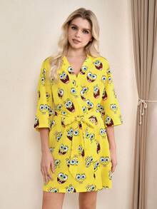 SpongeBob SquarePants | SHEIN Women's 3/4 Sleeve Knotted Waist Loose Sleepwear Robe, - Yellow - View 1