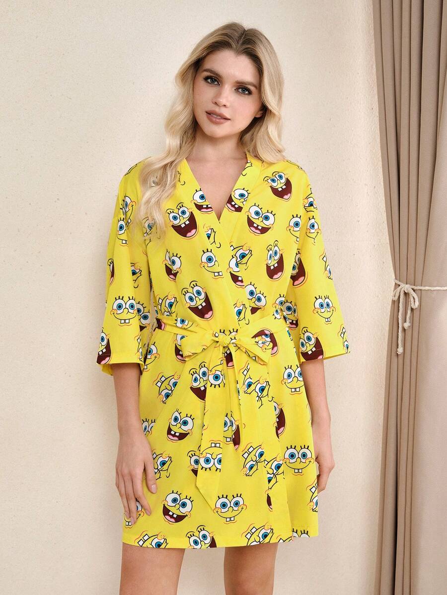 SpongeBob SquarePants | SHEIN Women's 3/4 Sleeve Knotted Waist Loose Sleepwear Robe, - Yellow - View 1