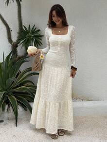 DAZY White Floral,Autumn,Elegant,Tea Party Spring & Summer White Lace Long Sleeve Midi Dress For Women,Slim Fit Sheer Mesh Fishtail Hem Wedding Sundress - Apricot - View 5