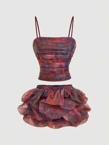 SHEIN MOD Bộ đồ 2 món dành cho nữ: Áo hai dây xếp ly họa tiết hoa nhuộm tie-dye và chân váy midi xếp bèo eo. - Nhiều màu - Xem 2