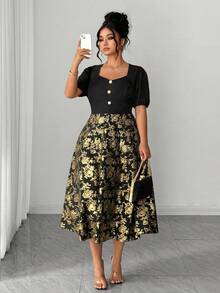 Elenzga 大码女式复古优雅拼接设计方领泡泡袖新款金色花卉印花连衣裙 - 黑色 - 查看 6