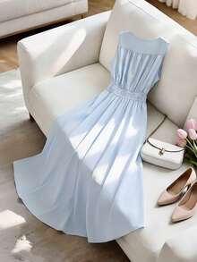 GlowEve 法式蓝色腰部设计方领吊带A字连衣裙，女士夏季度假飘逸连衣裙 - 藍色 - 查看 2